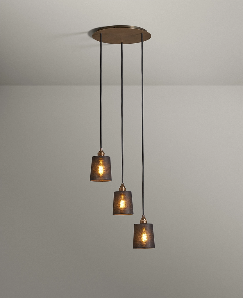 Antique Brass linen shade 3 pendant cluster light
