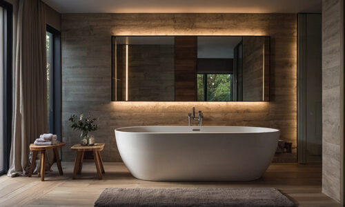 modern bathroom with ambient lighting at dusk