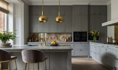 modern dove grey kitchen with gold accents and velvet stool at the breakfast bar