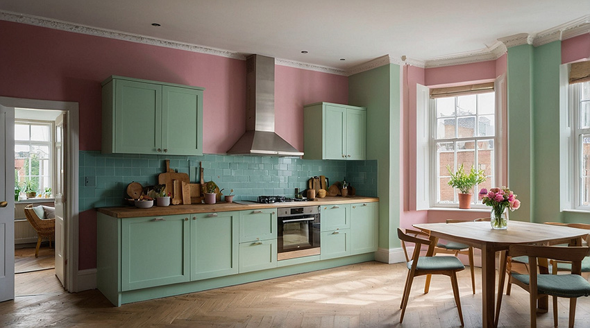 modern kitchen with mint units and pink walls, featuring wooden accents