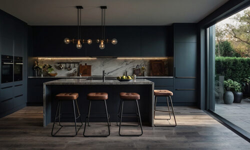 modern kitchen in dark interiors style, moody lighting, dramatic atmosphere