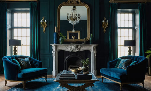 Victorian living room inspiration, dark, moody colours with gilded mirror and plush fabrics