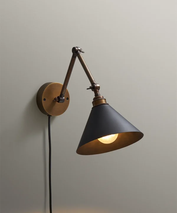 Fender plug in wall light industrial style, aged brass finish with black metal cone shade