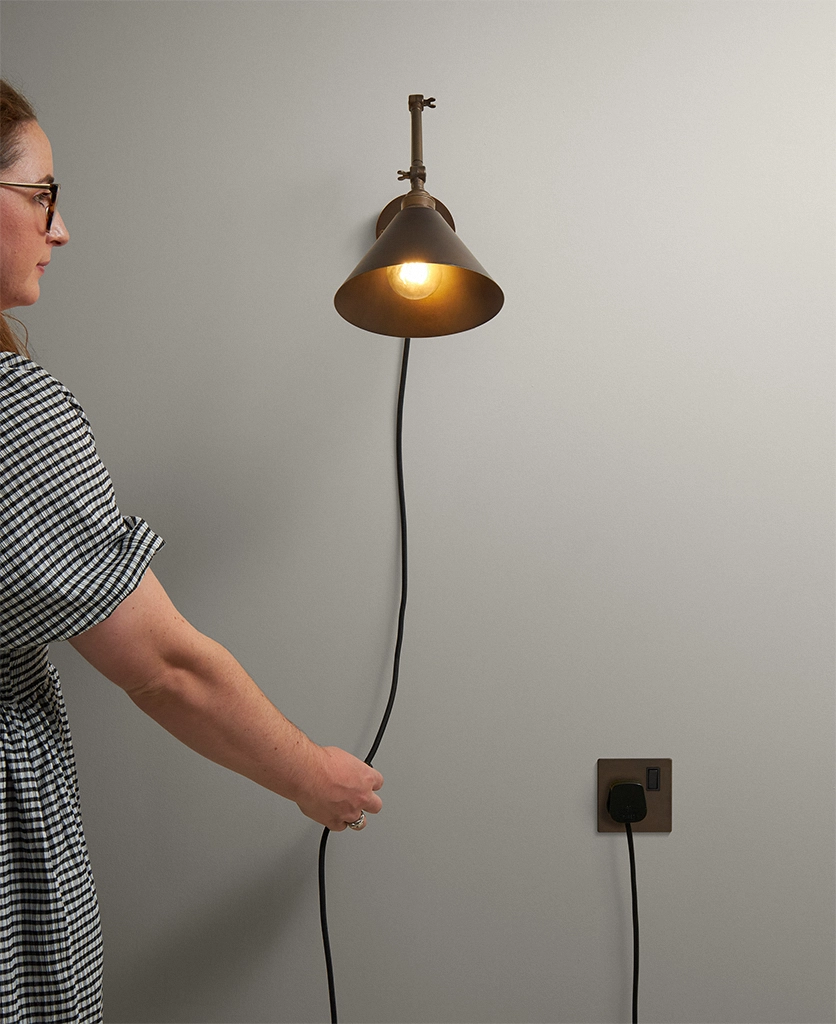 Fender plug-in industrial style wall light with metal hardware and shade