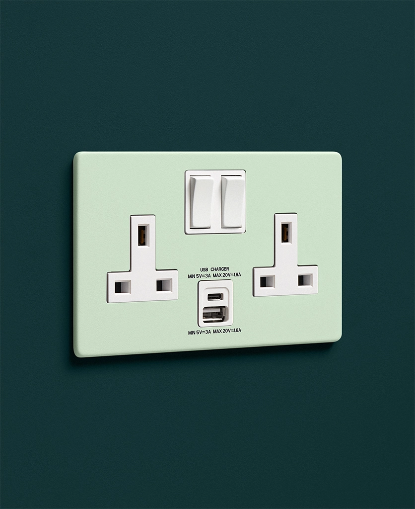 mint green double plug socket with 2 USBC charging points