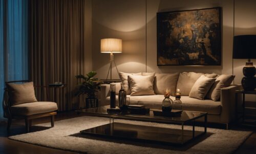 neutral living room at night with romantic, ambient lighting