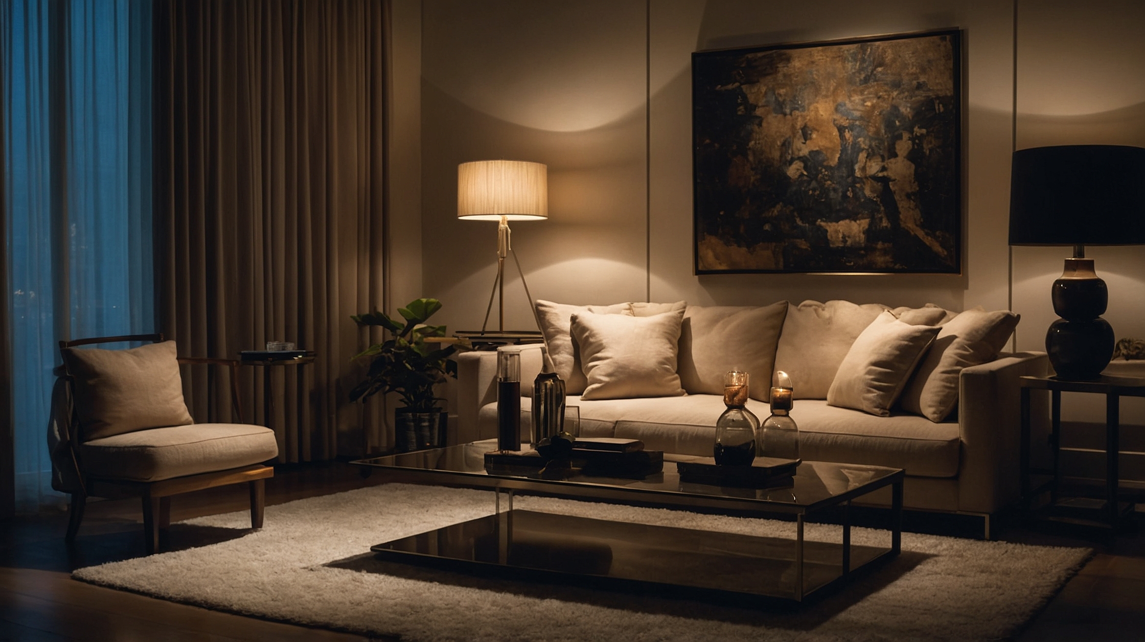 neutral living room at night with romantic, ambient lighting
