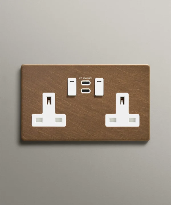 antique brass smart socket with USB-C charging ports